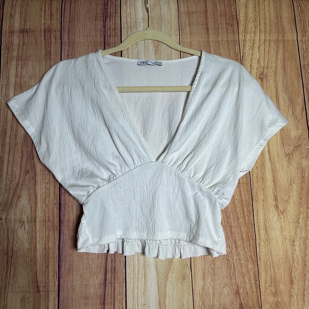 Zara‎ Crop Top Womens Small White V-Neck Smocked Back Ruffle Boho Coquette